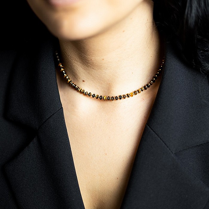 Colier choker din pietre semipretioase Ochi de Tigru, Kamia, placat cu aur 18K [2]