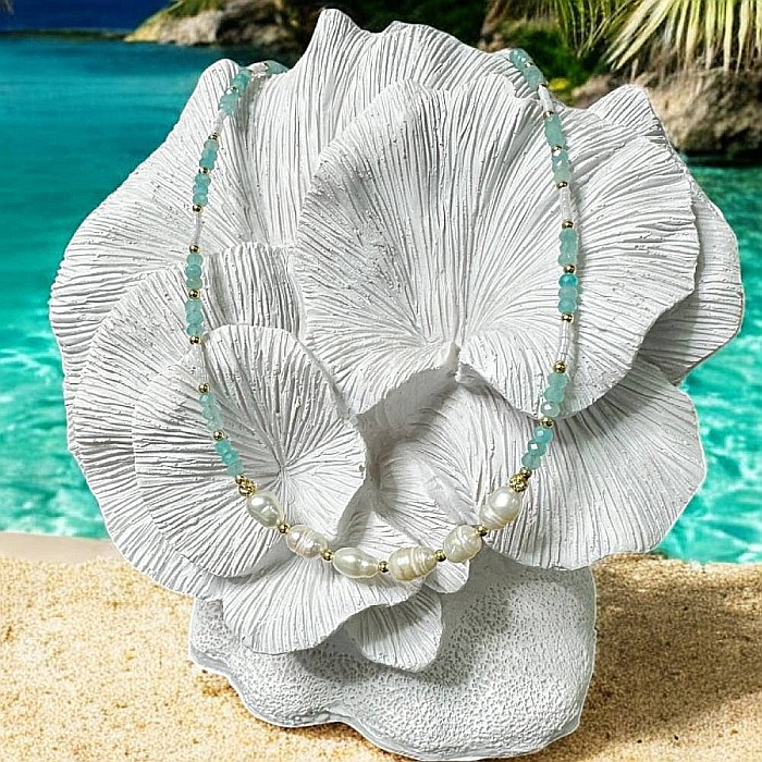 Colier choker elegant Alisa din argint si cristale de amazonit cu perle naturale si Miyuki [1]