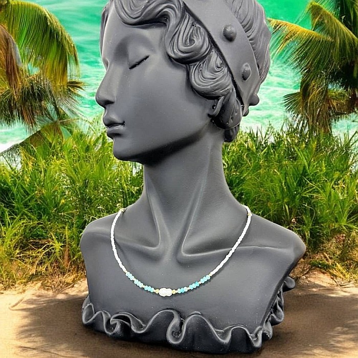 Colier choker elegant Isra din argint placat cu aur, cristale de Amazonit, Perla si Miyuki [4]