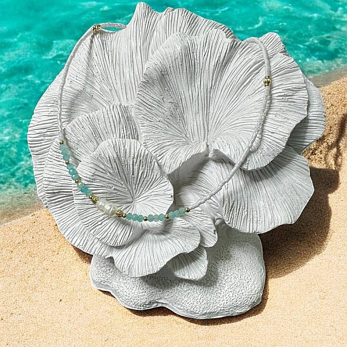 Colier choker elegant Isra din argint placat cu aur, cristale de Amazonit, Perla si Miyuki [3]