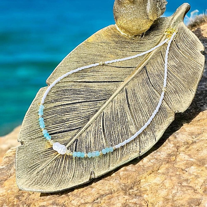 Colier choker elegant Isra din argint placat cu aur, cristale de Amazonit, Perla si Miyuki [2]