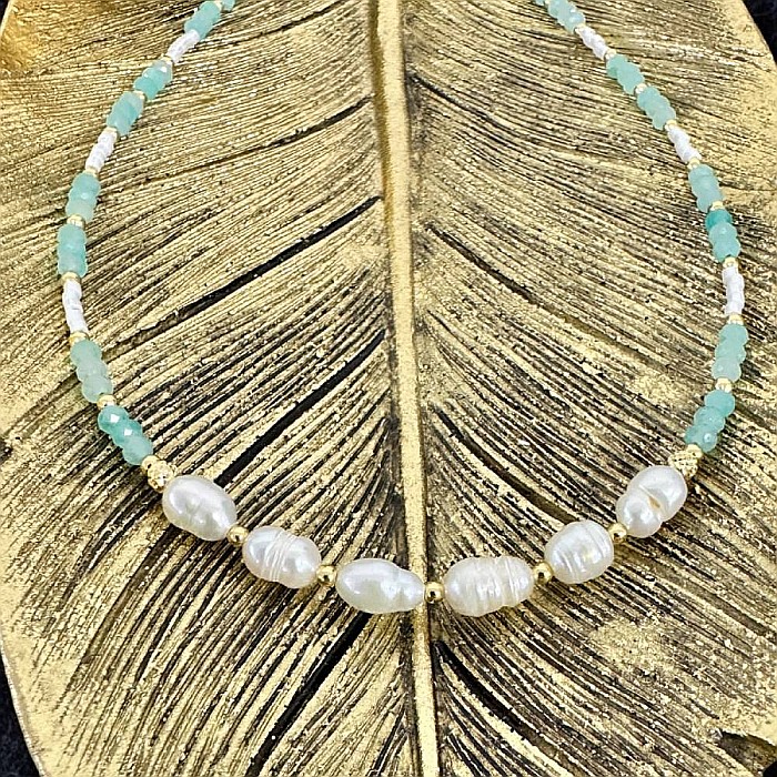 Colier choker elegant Alisa din argint si cristale de amazonit cu perle naturale si Miyuki [3]
