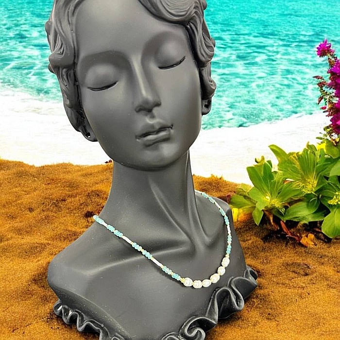 Colier choker elegant Alisa din argint si cristale de amazonit cu perle naturale si Miyuki [5]