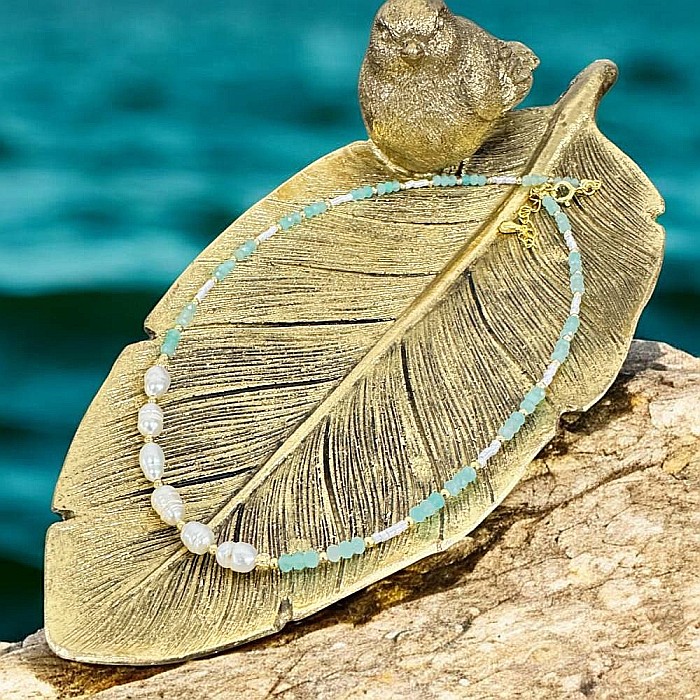 Colier choker elegant Alisa din argint si cristale de amazonit cu perle naturale si Miyuki [2]