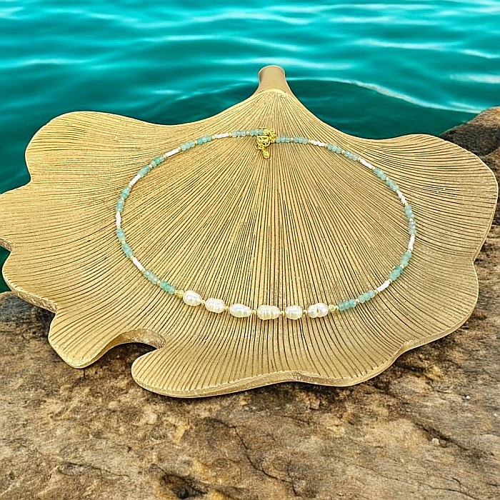 Colier choker elegant Alisa din argint si cristale de amazonit cu perle naturale si Miyuki [4]