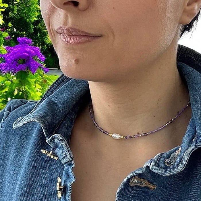 Colier choker Elina din margele Miyuki mov cu cristale de Ametist si argint placat cu aur 925 [1]