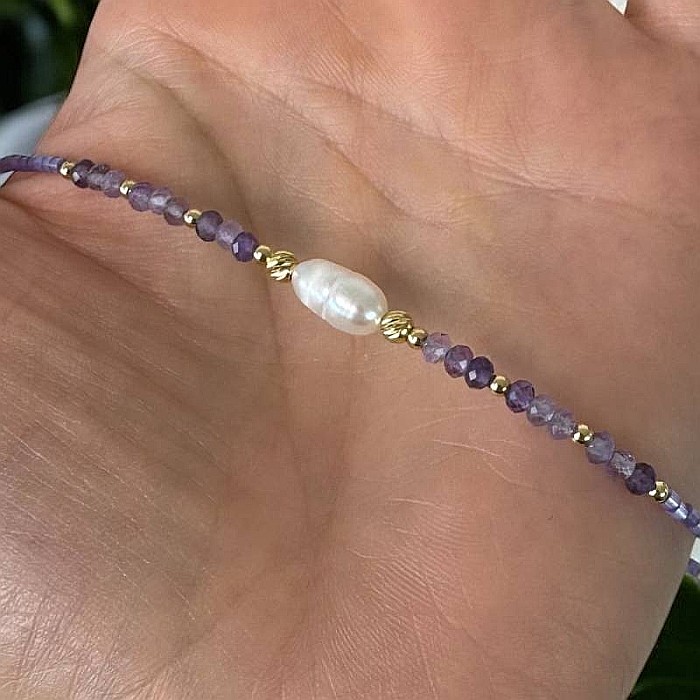 Colier choker Elina din margele Miyuki mov cu cristale de Ametist si argint placat cu aur 925 [8]