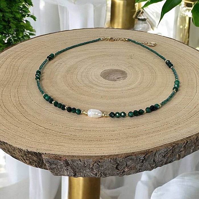 Colier choker Elina din margele Miyuki verde cu Malachit natural si argint placat cu aur 925 [3]