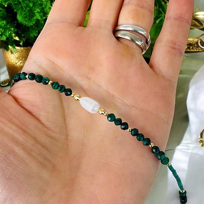 Colier choker Elina din margele Miyuki verde cu Malachit natural si argint placat cu aur 925 [8]