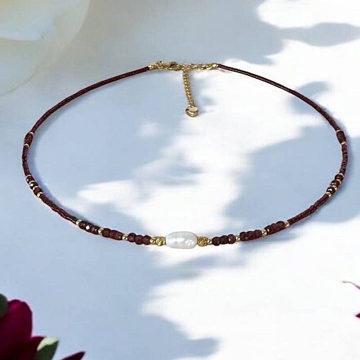 Colier Choker Elina handmade din margele miyuki rosii cu Granat si argint placat cu aur 925 [9]