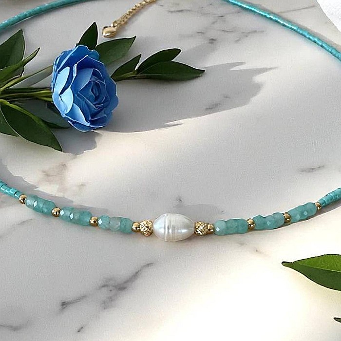 Colier choker handmade Elina din miyuki albastru cu Acvamarin si argint placat cu aur 925 [9]