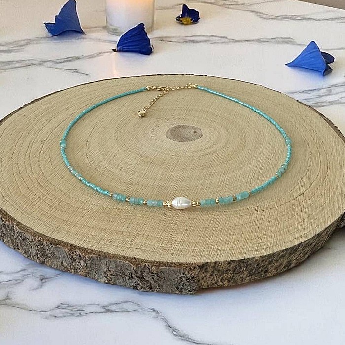 Colier choker handmade Elina din miyuki albastru cu Acvamarin si argint placat cu aur 925 [4]