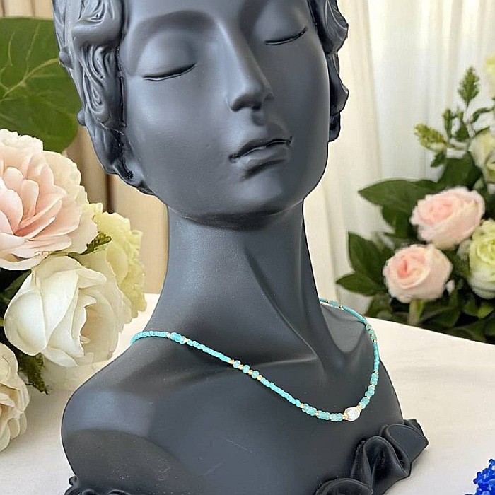 Colier choker handmade Elina din miyuki albastru cu Acvamarin si argint placat cu aur 925 [6]