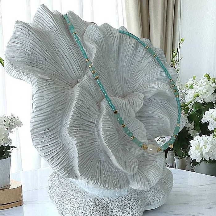 Colier choker handmade Elina din miyuki albastru cu Acvamarin si argint placat cu aur 925 [8]