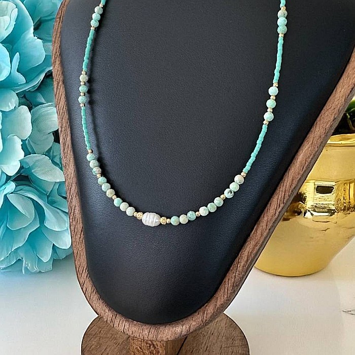 Colier choker handmade Elina din miyuki cu Turcoaz Peruvian si argint placat cu aur 925 [4]