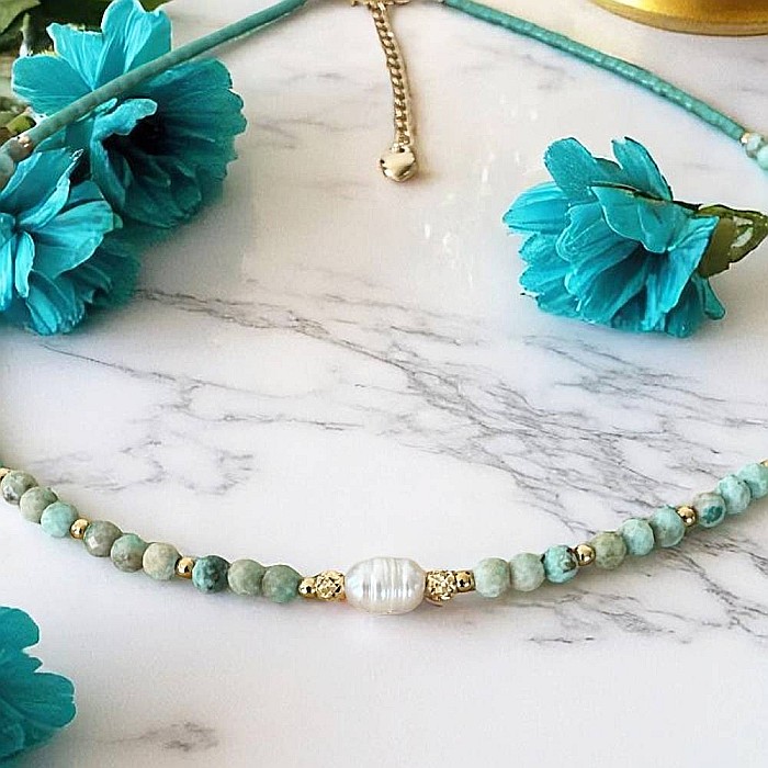 Colier choker handmade Elina din miyuki cu Turcoaz Peruvian si argint placat cu aur 925 [7]