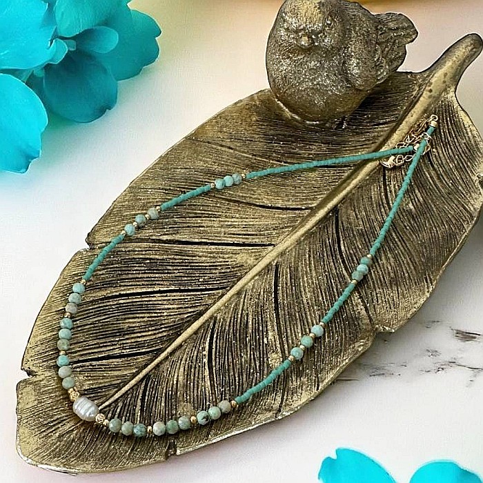 Colier choker handmade Elina din miyuki cu Turcoaz Peruvian si argint placat cu aur 925 [2]