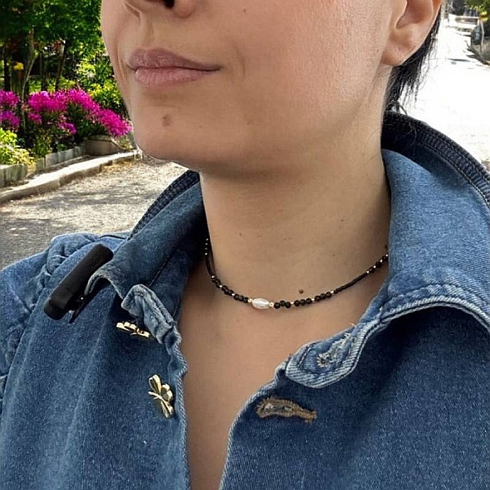 Colier choker handmade Elina din miyuki negru cu Obsidian si argint placat cu aur 925 [3]