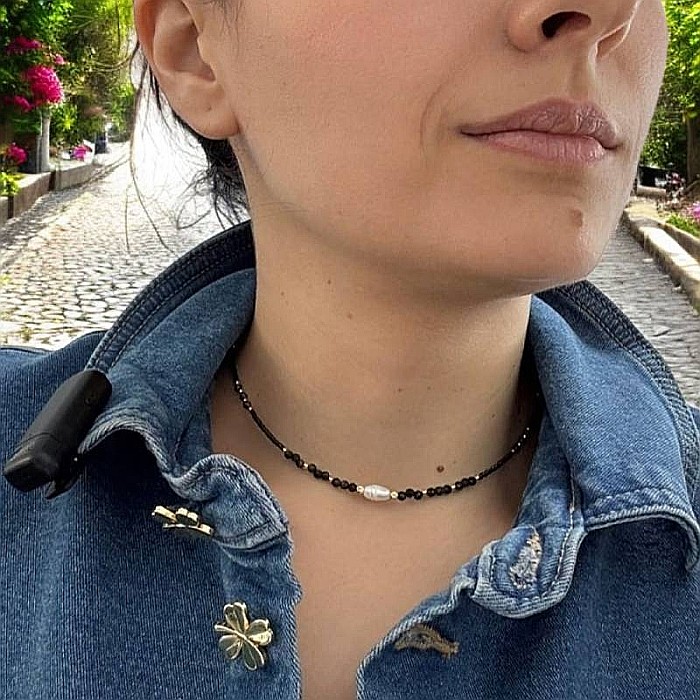 Colier choker handmade Elina din miyuki negru cu Obsidian si argint placat cu aur 925 [1]