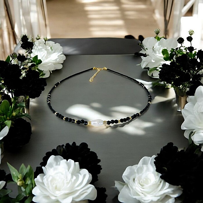 Colier choker handmade Elina din miyuki negru cu Obsidian si argint placat cu aur 925 [9]