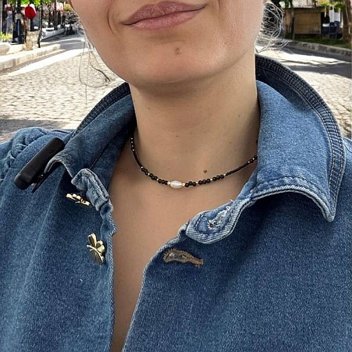 Colier choker handmade Elina din miyuki negru cu Obsidian si argint placat cu aur 925 [5]