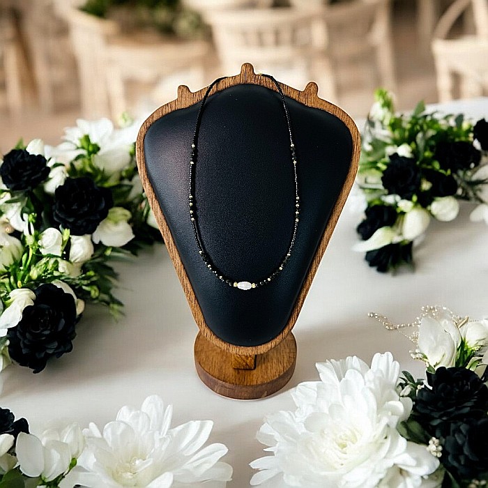 Colier choker handmade Elina din miyuki negru cu Obsidian si argint placat cu aur 925 [2]