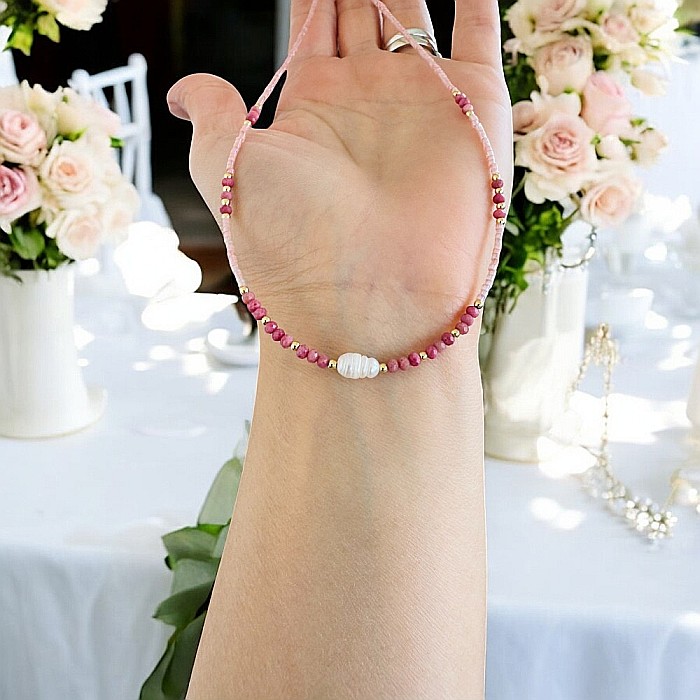 Colier choker handmade Elina din miyuki somon cu Rodocrozit si argint placat cu aur 925 [3]