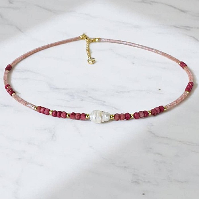 Colier choker handmade Elina din miyuki somon cu Rodocrozit si argint placat cu aur 925 [8]
