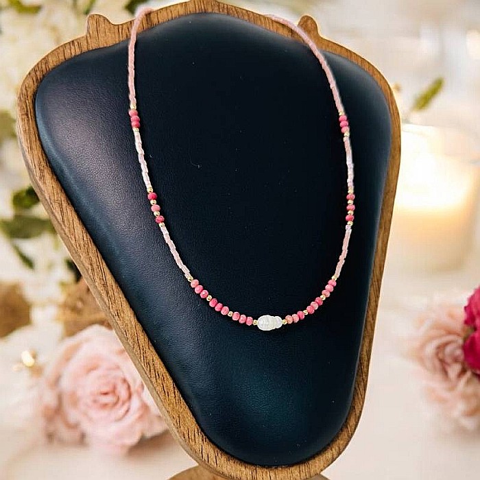 Colier choker handmade Elina din miyuki somon cu Rodocrozit si argint placat cu aur 925 [6]