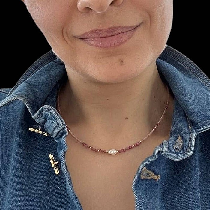 Colier choker handmade Elina din miyuki somon cu Rodocrozit si argint placat cu aur 925 [7]