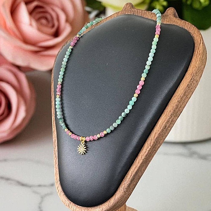 Colier choker handmade Solandra din cristale naturale de Smarald si Turmalina Roz cu charm Soare 925 [2]