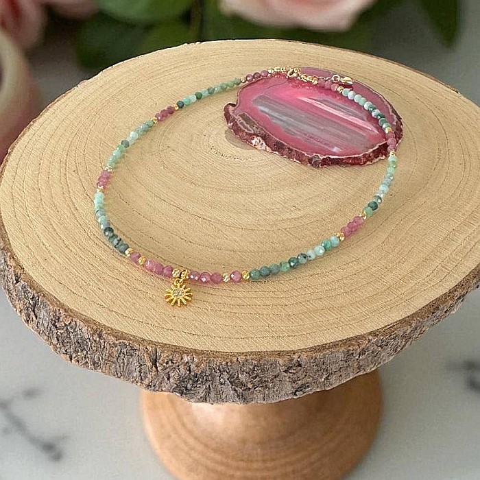 Colier choker handmade Solandra din cristale naturale de Smarald si Turmalina Roz cu charm Soare 925 [6]