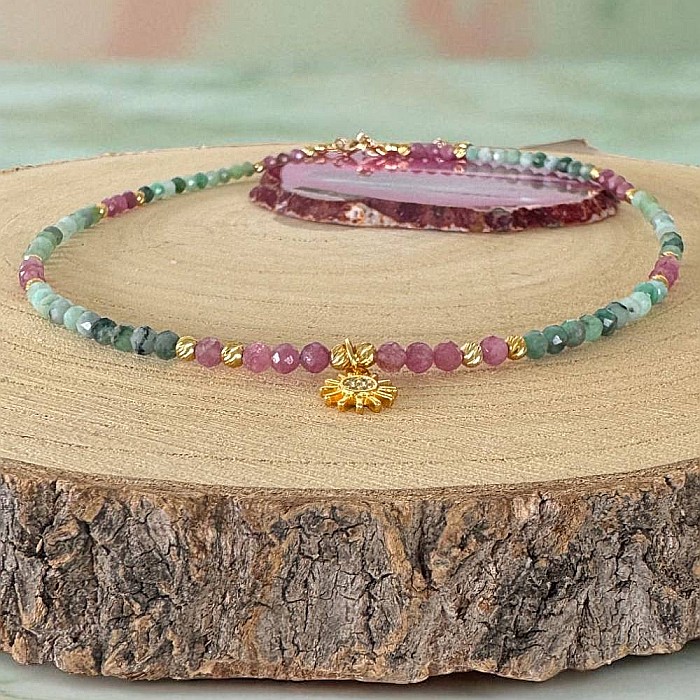 Colier choker handmade Solandra din cristale naturale de Smarald si Turmalina Roz cu charm Soare 925 [8]