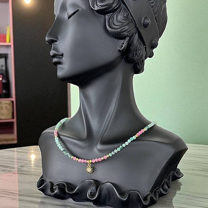 Colier choker handmade Solandra din cristale naturale de Smarald si Turmalina Roz cu charm Soare 925 [3]