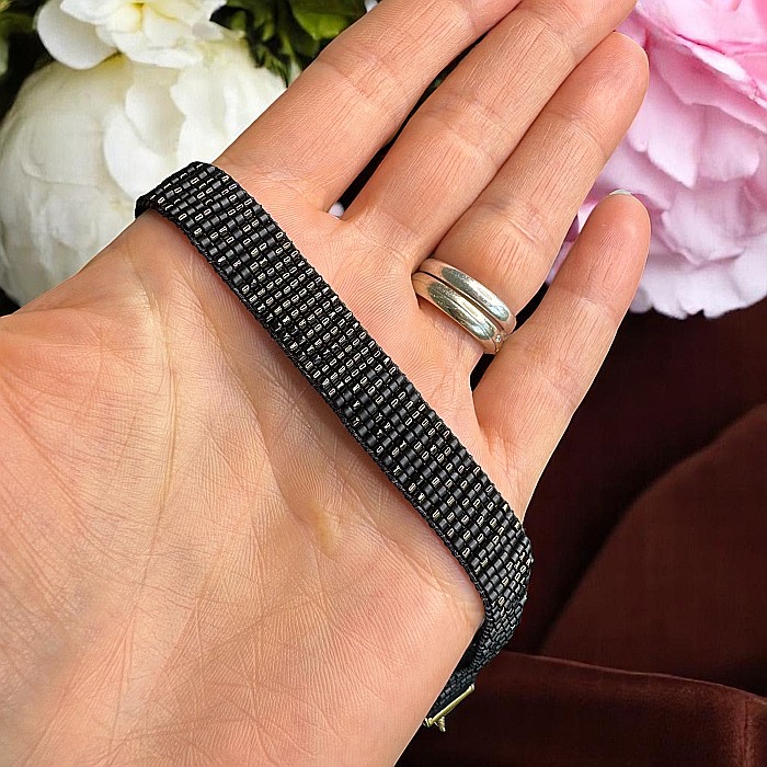 Colier choker lat elegant handmade Elian din margele Miyuki negru cu maro metalizat [6]