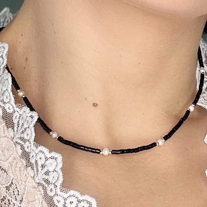 Colier Choker Lenny din cristale de Agat Negru si Perle Naturale, placat cu aur [4]