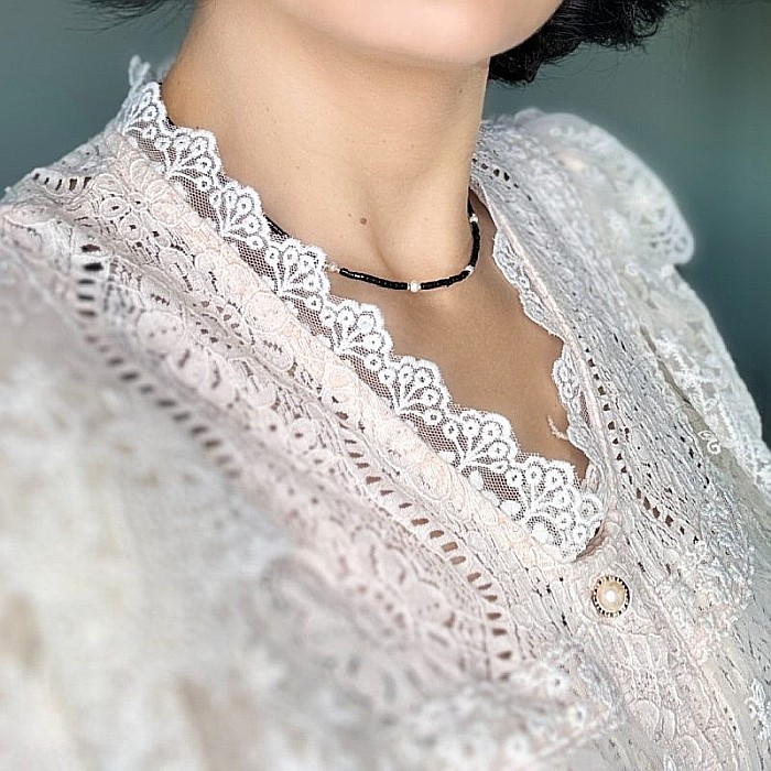 Colier Choker Lenny din cristale de Agat Negru si Perle Naturale, placat cu aur [2]