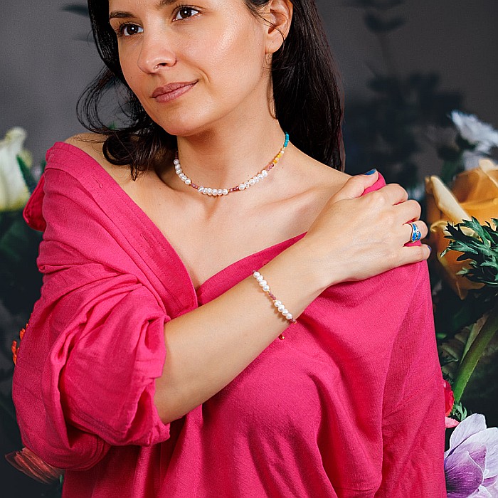 Colier Choker perle naturale Taya cu cristale de Turmalina roz, Topaz, Amazonit si Ametist din Argint 925 placat cu aur [5]