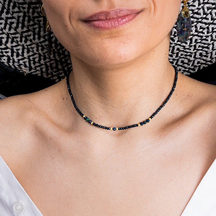 Colier Choker Lalit din pietre naturale de Jad Albastru fatetat cu accesorii si sistem de inchidere argint placat cu aur 14K [9]