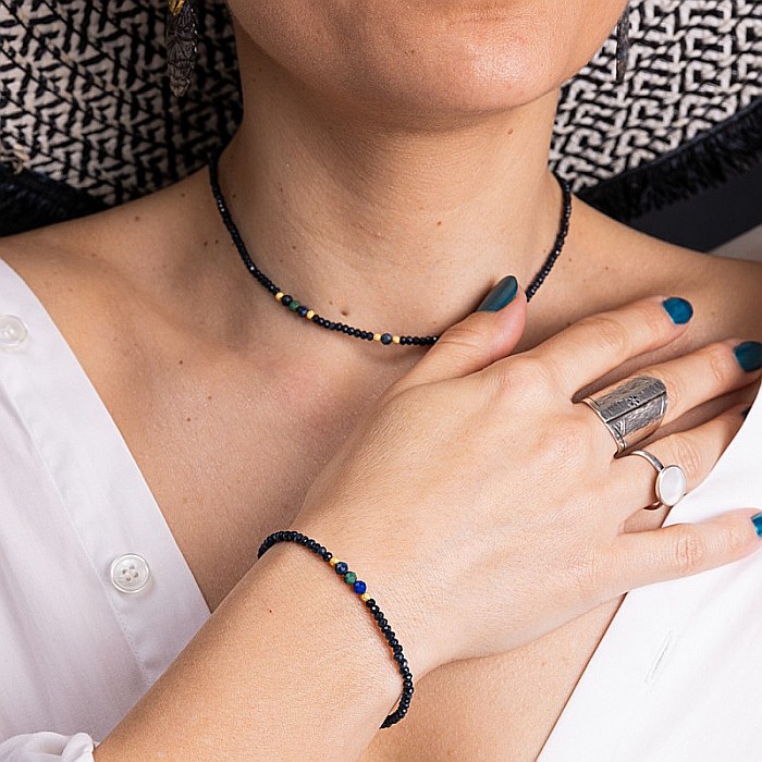 Colier Choker Lalit din pietre naturale de Jad Albastru fatetat cu accesorii si sistem de inchidere argint placat cu aur 14K [15]