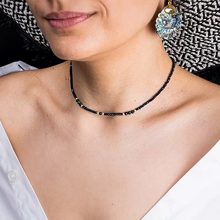 Colier Choker Lalit din pietre naturale de Jad Albastru fatetat cu accesorii si sistem de inchidere argint placat cu aur 14K [1]
