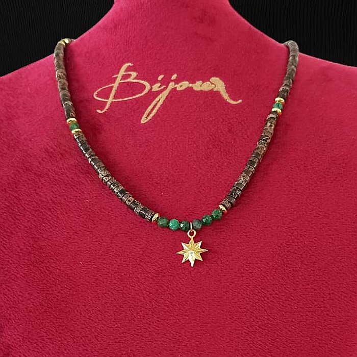 Colier Choker Smarald african Erin cu discuri de Sediment marin din argint placat cu aur, pandantiv Steaua Nordului [4]