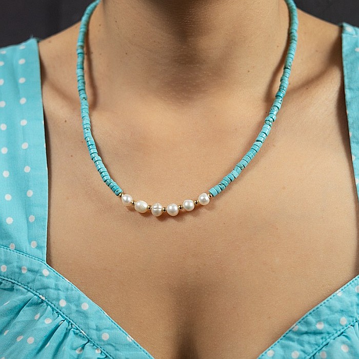 Colier choker turcoaz din piatra naturala Shoushan, Aisoon, cu perle de apa dulce placat cu aur de 18K [3]