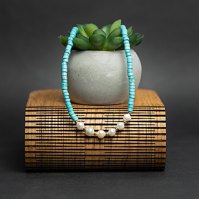 Colier choker turcoaz din piatra naturala Shoushan, Aisoon, cu perle de apa dulce placat cu aur de 18K [9]