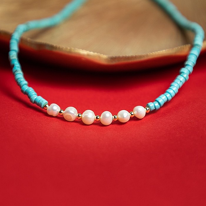 Colier choker turcoaz din piatra naturala Shoushan, Aisoon, cu perle de apa dulce placat cu aur de 18K [7]
