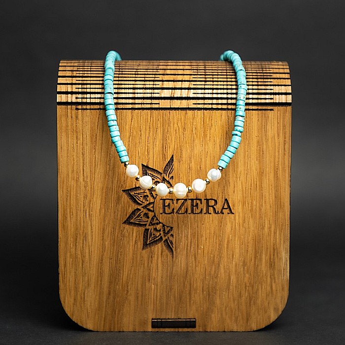 Colier choker turcoaz din piatra naturala Shoushan, Aisoon, cu perle de apa dulce placat cu aur de 18K [11]