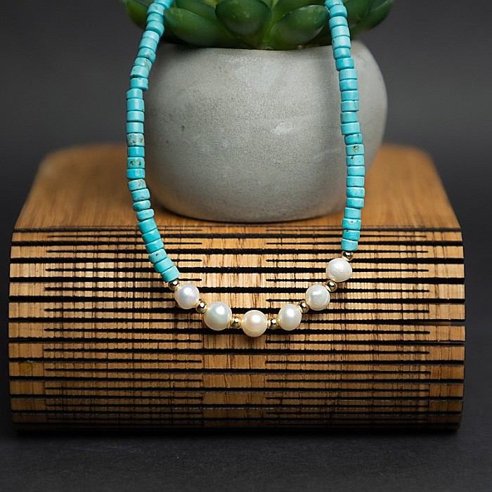 Colier choker turcoaz din piatra naturala Shoushan, Aisoon, cu perle de apa dulce placat cu aur de 18K [10]