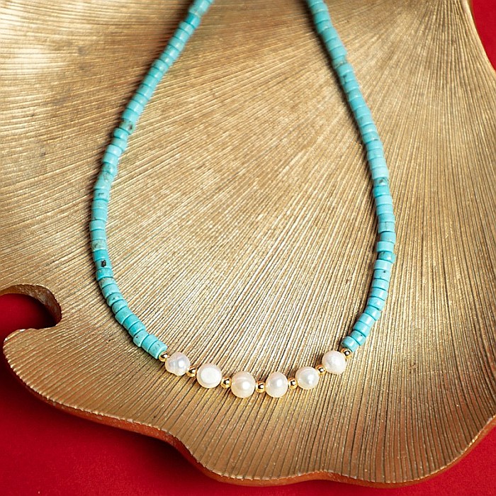 Colier choker turcoaz din piatra naturala Shoushan, Aisoon, cu perle de apa dulce placat cu aur de 18K [8]