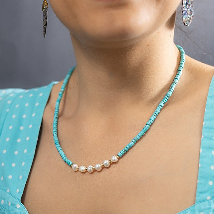 Colier choker turcoaz din piatra naturala Shoushan, Aisoon, cu perle de apa dulce placat cu aur de 18K [2]