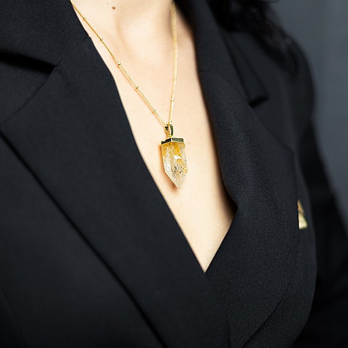 Colier cristale cu pandantiv varf Citrin, Savita, placat cu aur 18K, simbol al norocului si abundentei [12]